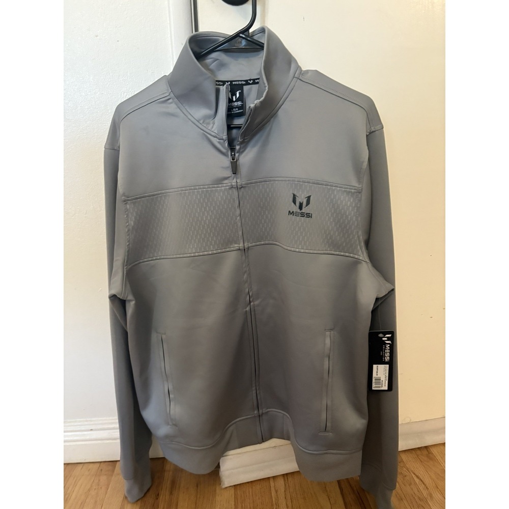 Messi Men's Gray Track Jacket Large Full Zip Stand-Up Collar Pockets Logo